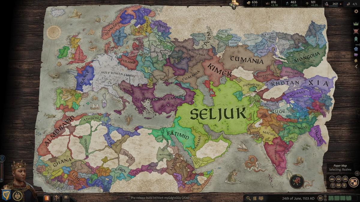 The Crusader Kings III world map in 1103 AD with the Seljuk realm across the center