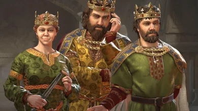 Three crowned rulers in rich robes in Crusader Kings III
