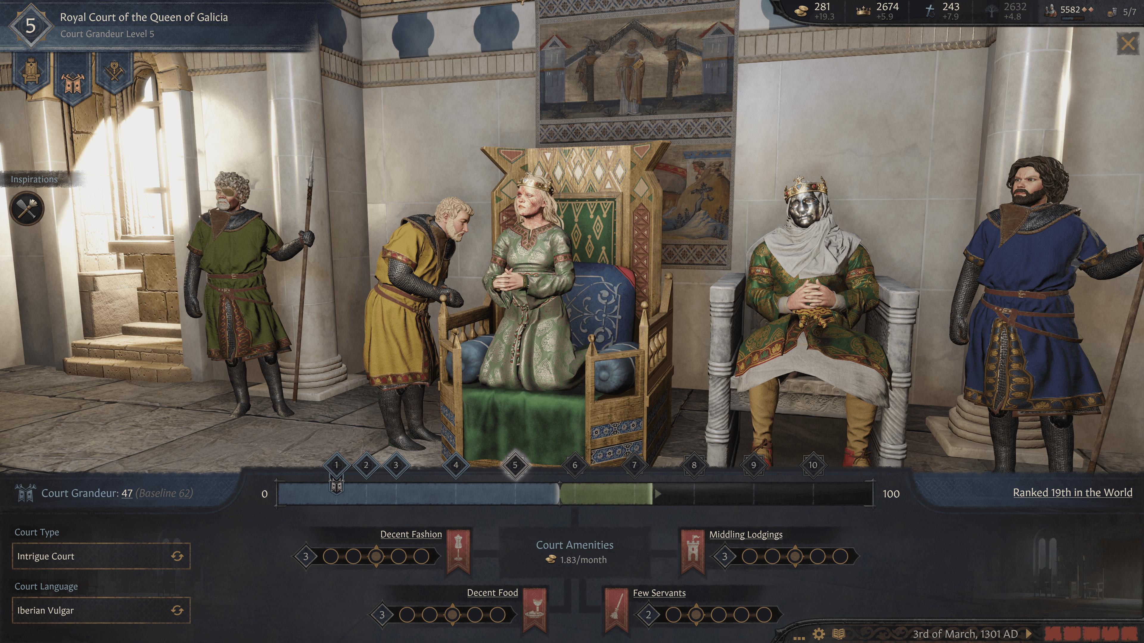 A queen on her throne in a Crusader Kings III royal court with the Court Grandeur panel