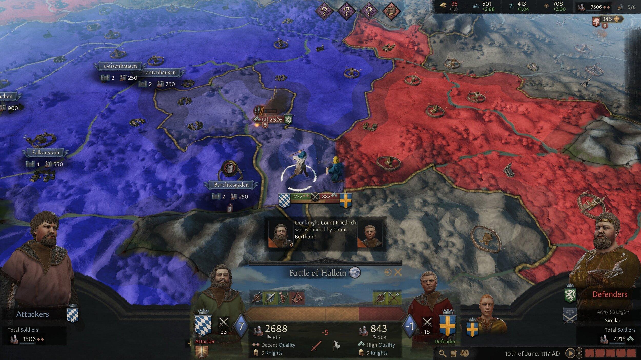 A battle in progress on the Crusader Kings III map, attackers in blue against defenders in red